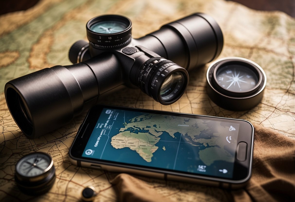 A spyglass rests on a weathered map, surrounded by a compass, binoculars, and a smartphone displaying the "10 Best Apps for Orienteering" list