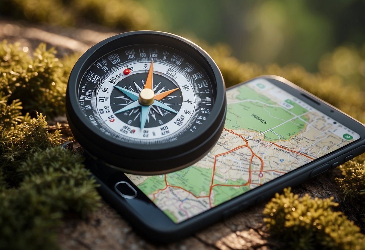 A compass, map, and smartphone with orienteering apps displayed. Trees and trails in the background