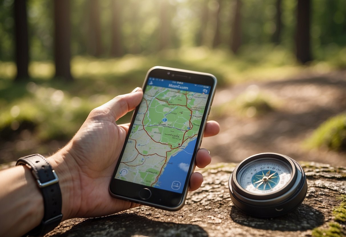 A smartphone with a map and compass app open, surrounded by trees and a trail, with a clear sky and sunlight shining down