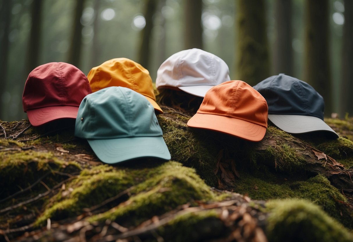 Five women's orienteering hats float above a forest backdrop, each showcasing a different lightweight design