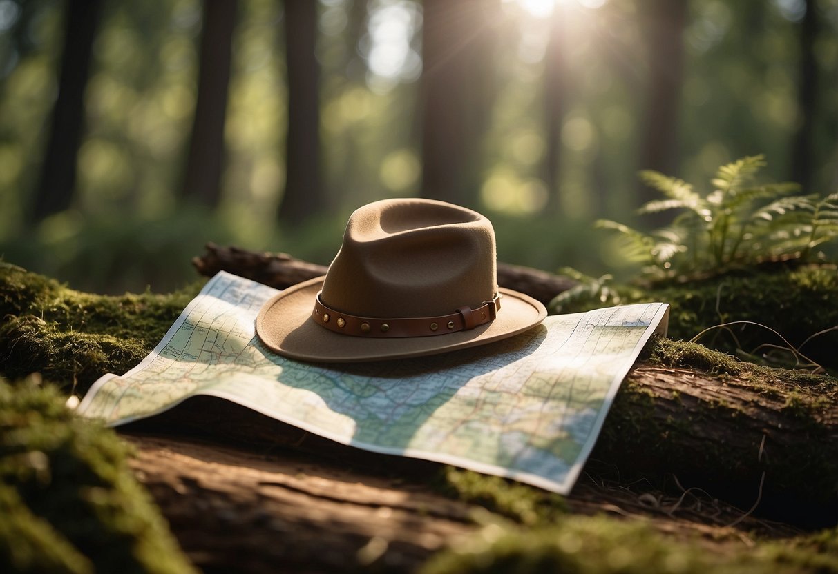 A woman's lightweight adventure hat sits atop a map and compass in a sunlit forest clearing