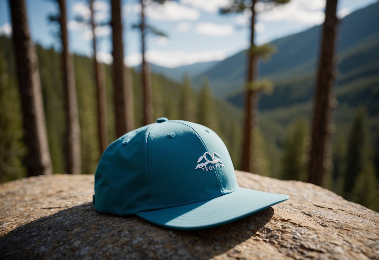 The Arc'teryx Sinsolo Hat sits atop a rock, surrounded by a forest of pine trees and a clear blue sky. Its lightweight design and sleek profile make it the perfect choice for women orienteering enthusiasts