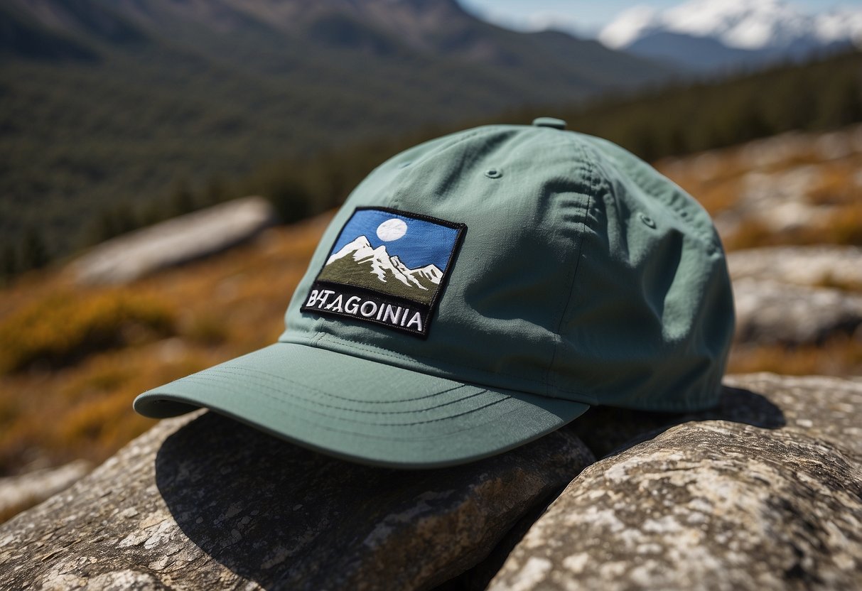 A woman's lightweight orienteering hat rests on a rock in the Patagonian wilderness, with the iconic Patagonia Baggies Brimmer Hat logo visible