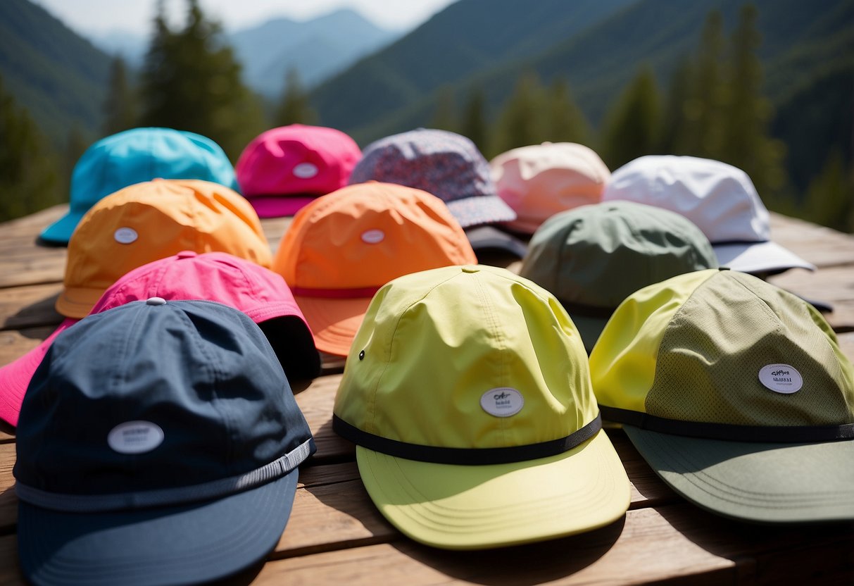 Five lightweight orienteering hats for women displayed on a table, each made of different materials and fabrics. Bright colors and adjustable straps are visible