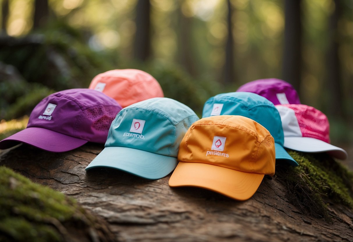 A group of five lightweight orienteering hats for women, each with unique design features, displayed on a clean, white background