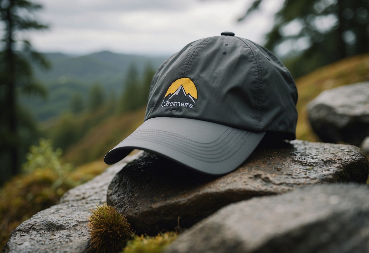 A woman's lightweight orienteering hat, with wind and rain protection, sits atop a rocky trail, surrounded by trees and a cloudy sky