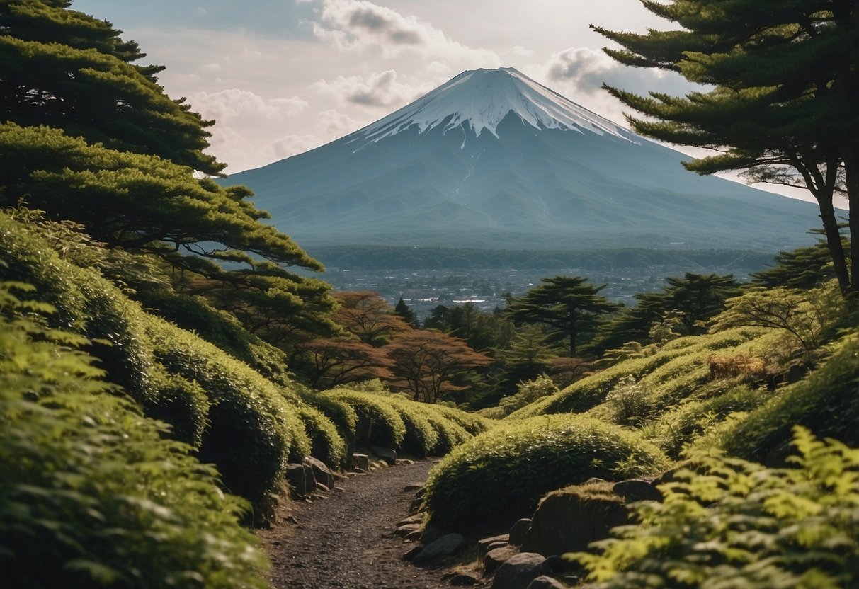 Mount Fuji rises majestically in the distance, surrounded by lush greenery and winding orienteering routes, offering a picturesque and serene landscape in Japan