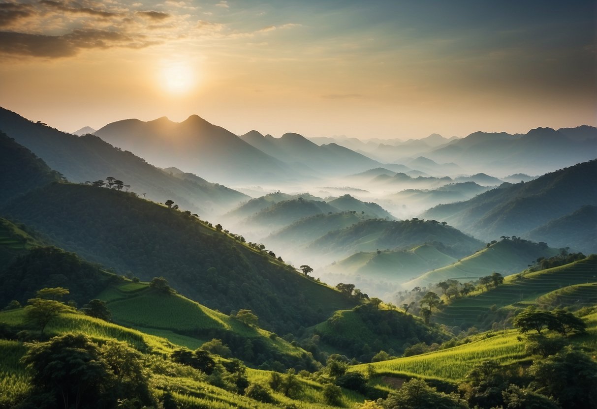 Lush green mountains with winding trails, crossed by rivers and dotted with ancient temples. The sun sets over misty valleys, creating a serene and picturesque landscape for orienteering routes in Asia