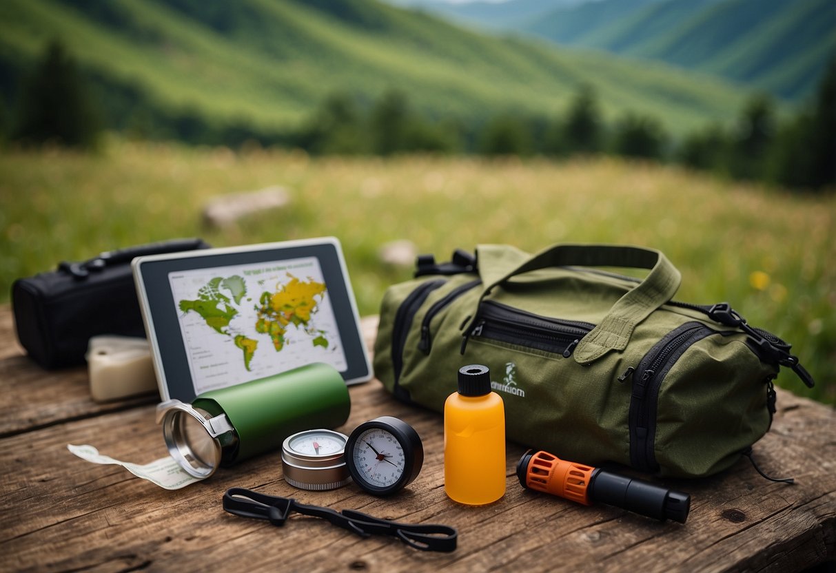 A map, compass, and hiking gear laid out on a table. Safety whistle and first-aid kit nearby. Lush green landscapes and mountains in the background