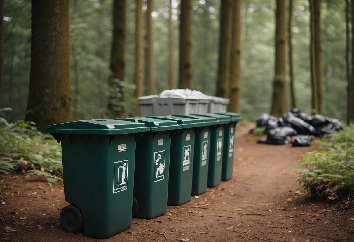 A forest trail with clear signage, separate bins for recyclables and general waste, and a group of orienteers disposing of their waste responsibly