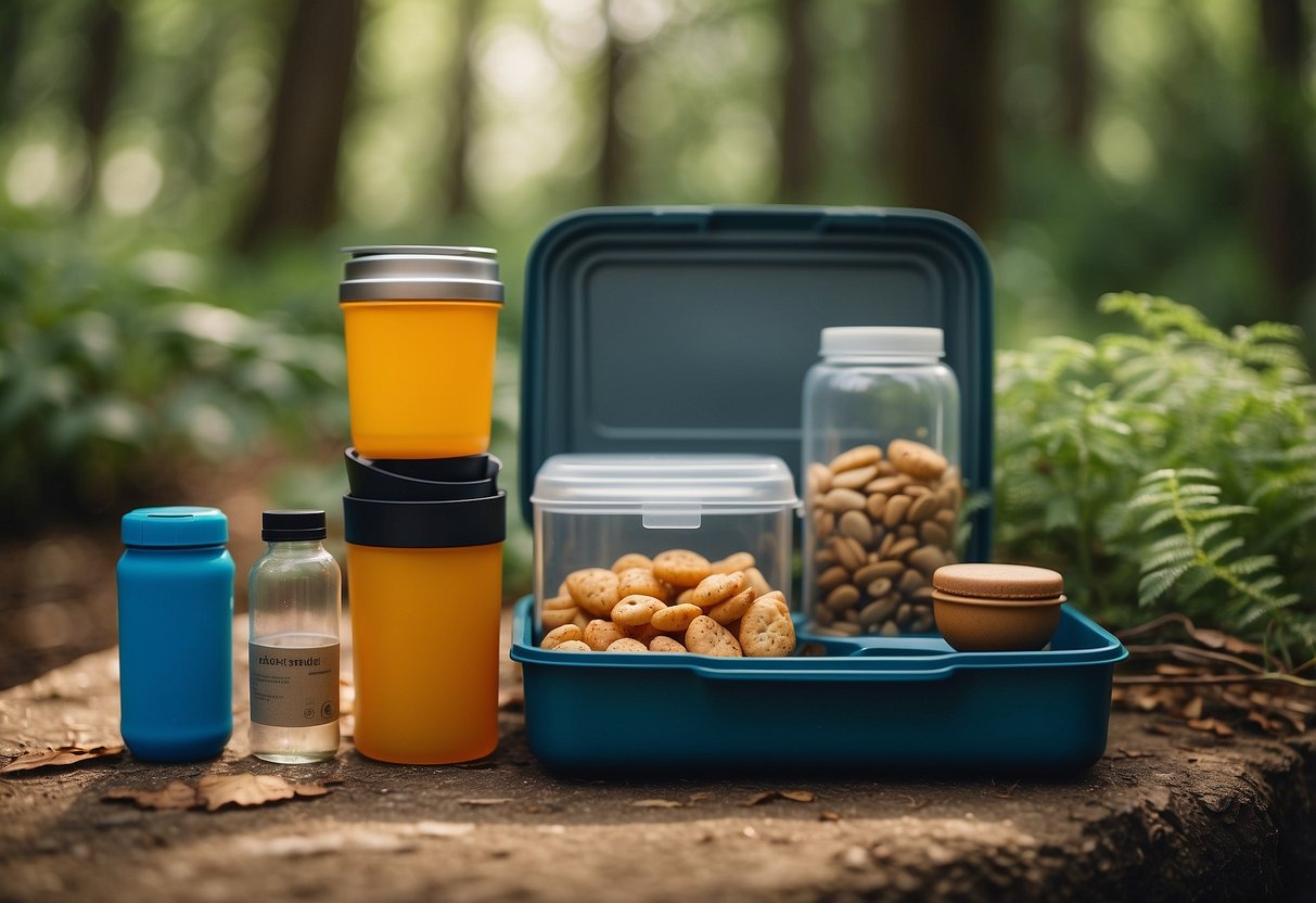 Reusable containers, snacks, map, compass, water bottle, trash bag, and nature