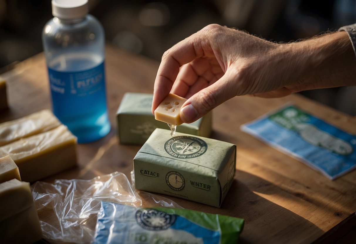 A hand reaches for a biodegradable soap bar next to a map and compass, surrounded by recyclable packaging and reusable water bottles