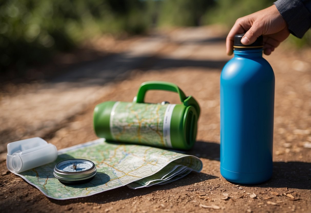 A person's hand holding a refillable water bottle next to a map and compass, with a reusable bag for waste collection