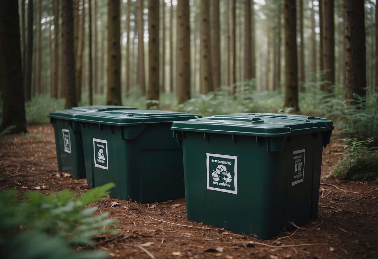 Waste being placed in labeled bins in a forest clearing