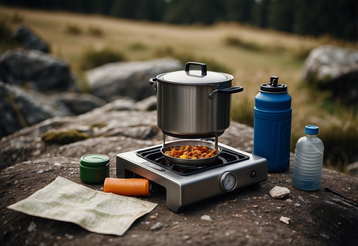 A multi-fuel stove sits on a rocky campsite, surrounded by scattered food wrappers and empty cans. A map and compass are laid out nearby, with a backpack and water bottle in the background