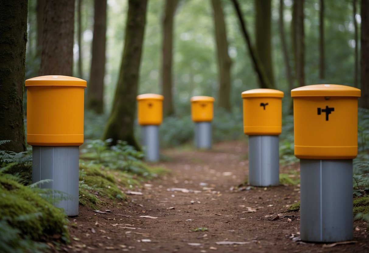 A trail of orienteering markers leads through a forest. Litter bins are strategically placed along the route, with clear signage promoting waste management