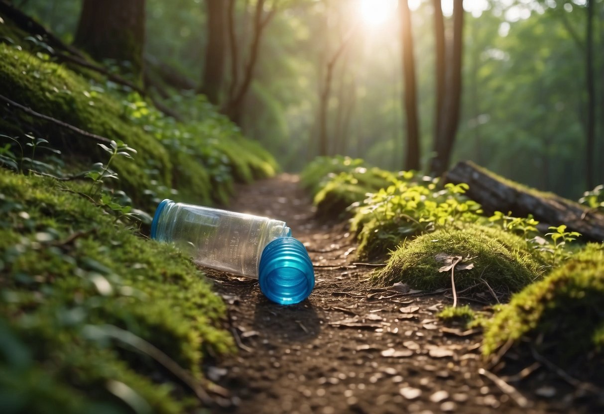 A trail with marked waste disposal areas, reusable water bottles, and biodegradable packaging. Litter-free paths and clear signage promote responsible waste management