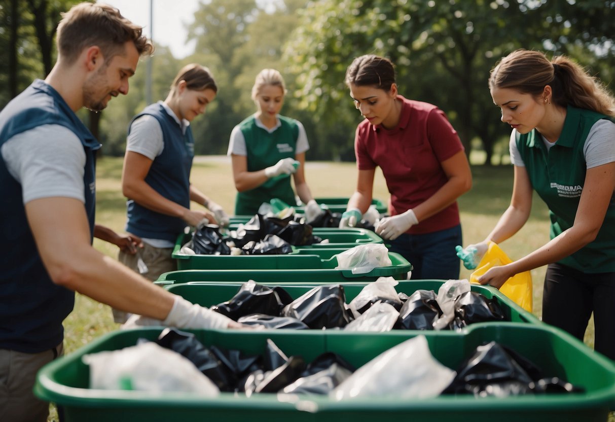 A group of orienteers carefully sort their waste into separate bins, following the 7 tips for managing waste. Educational resources and community engagement materials are displayed nearby