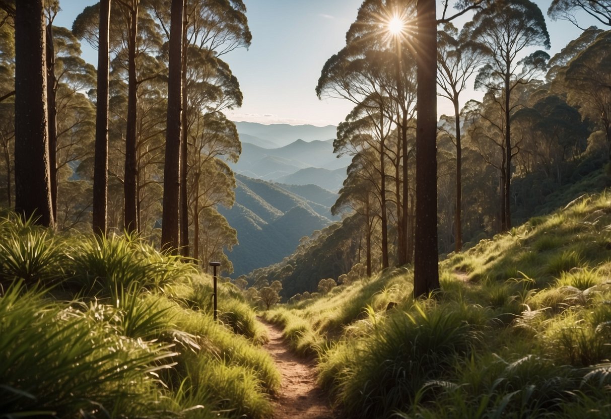 A lush Australian forest with a clear trail winding through the trees, leading to a mountain peak in the distance. A compass and map are visible, highlighting the theme of orienteering