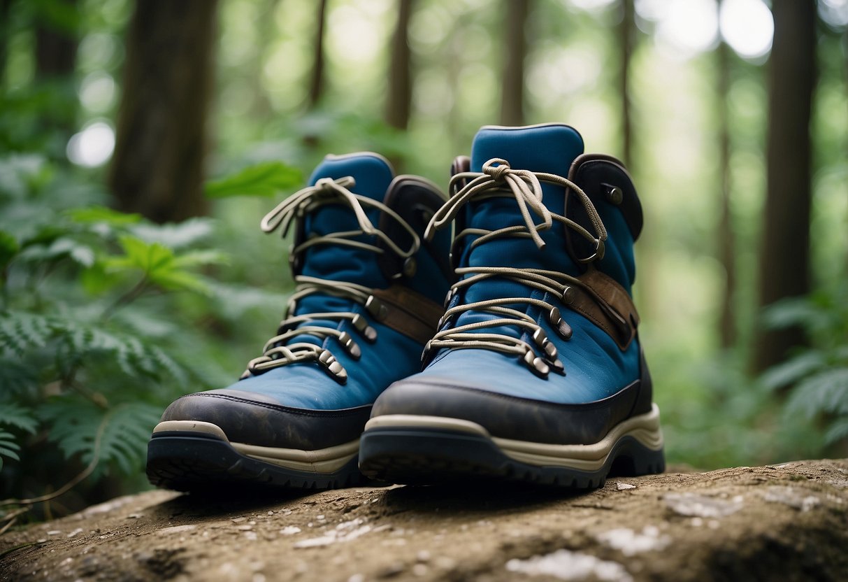 Hiking boots on a rocky trail, surrounded by lush greenery and tall trees. A clear blue sky and a gentle breeze create a peaceful atmosphere