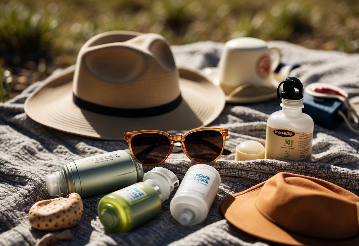 A sunny trail with sunscreen bottle, hat, sunglasses, water bottle, healthy snacks, map, and first aid kit laid out on a blanket