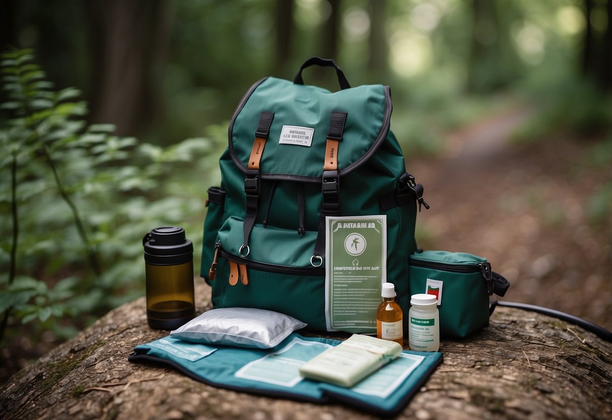 A backpack with a visible first aid kit attached to the side, surrounded by hiking gear and a trail map