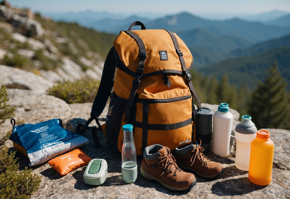 A backpack with water bottle, hiking boots, trail map, sunscreen, first aid kit, healthy snacks, and a hat laid out on a rocky trail