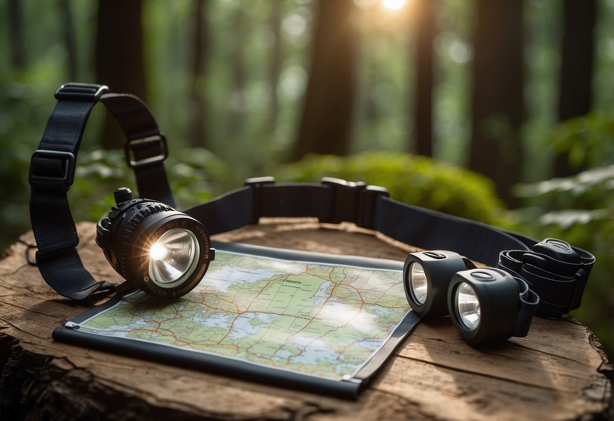 A table with 5 lightweight headlamps, each with adjustable straps and bright LED lights, surrounded by a forest map, compass, and orienteering gear