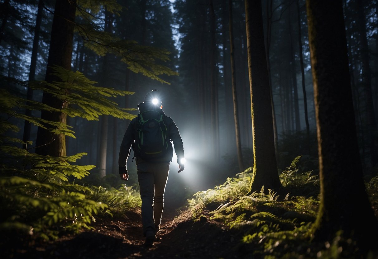 A person wearing a lightweight headlamp, navigating through a forest at night, with the beam of light illuminating the path ahead