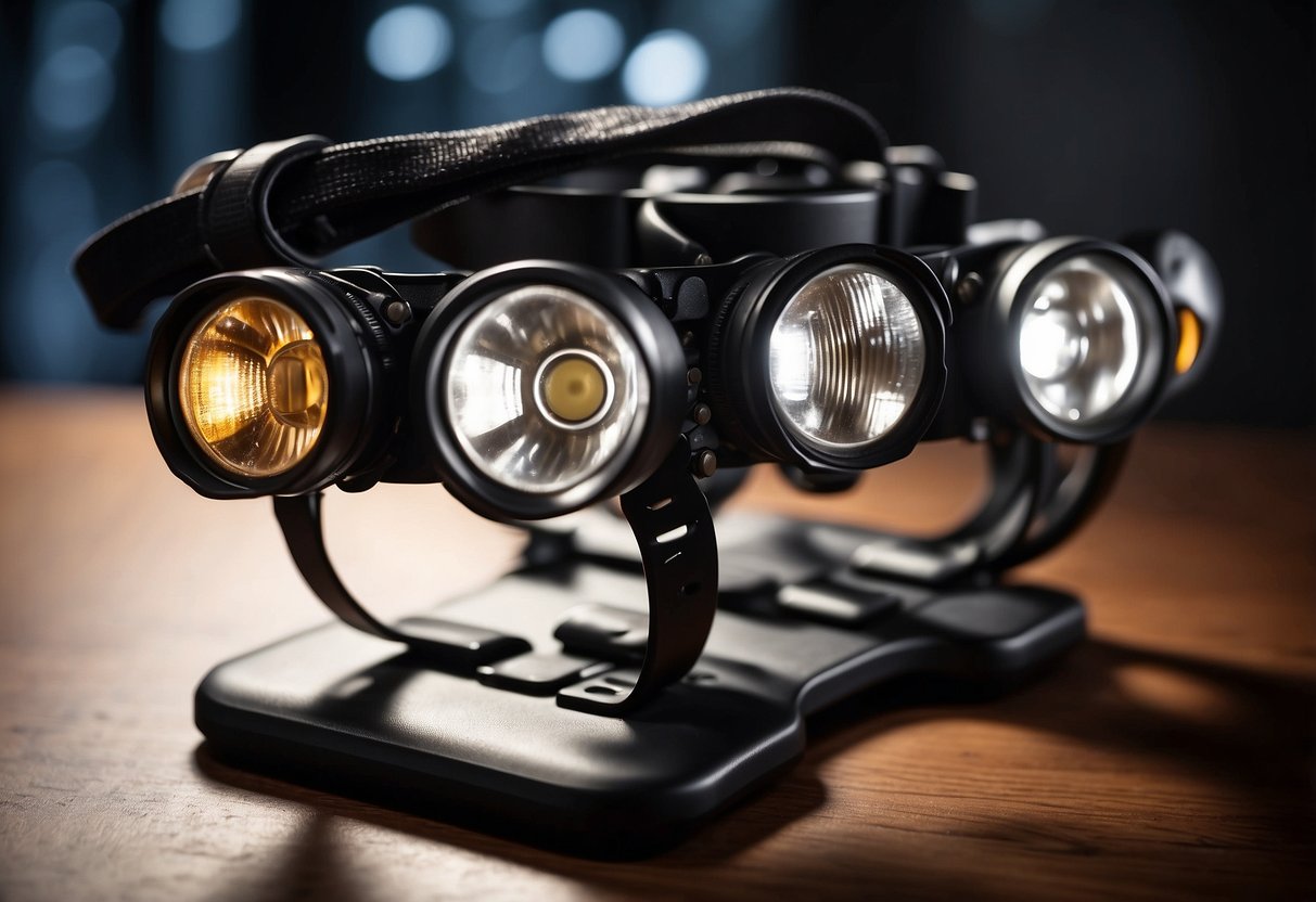 A table with 5 lightweight headlamps, each showcasing key features like adjustable straps and bright LED lights