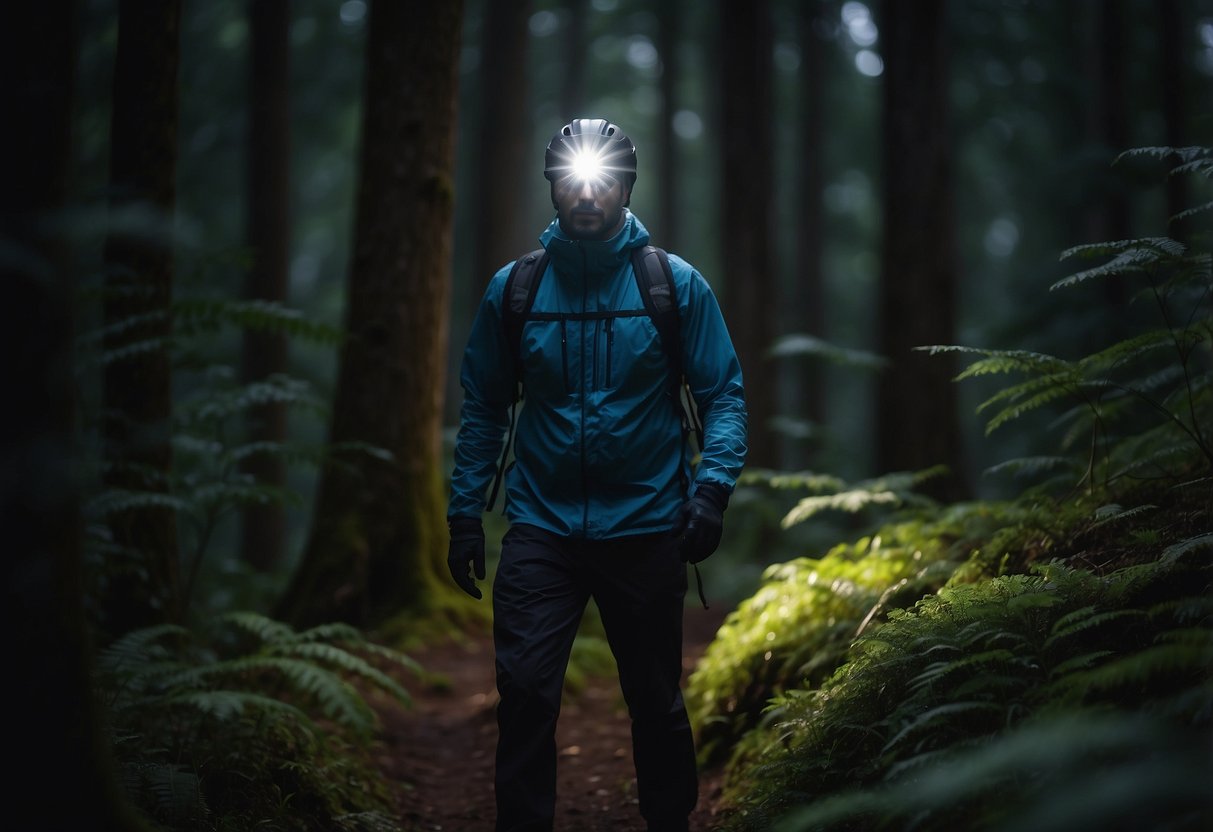 A person wearing a lightweight headlamp while navigating through a dark forest. The headlamp illuminates the path ahead, providing safety and visibility