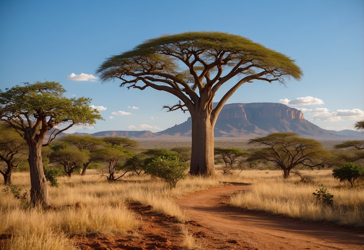 Lush savanna with winding trails, towering baobab trees, and vibrant wildlife. Clear blue skies and distant mountains create a stunning backdrop