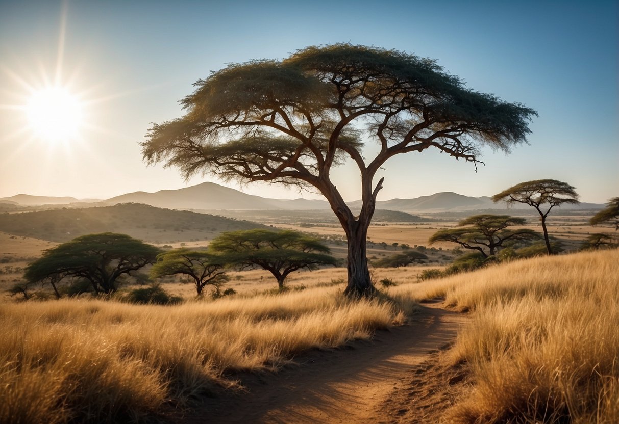 African savannah with acacia trees, rolling hills, and a winding river. Clear blue sky with the sun casting shadows