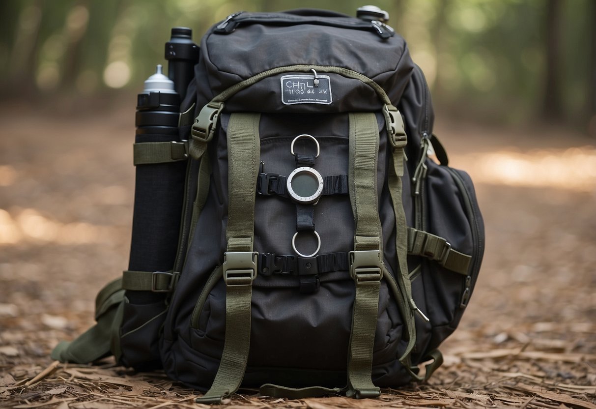 A backpack open on the ground, with gear neatly organized and labeled. A scale nearby showing decreasing weight. Map and compass visible