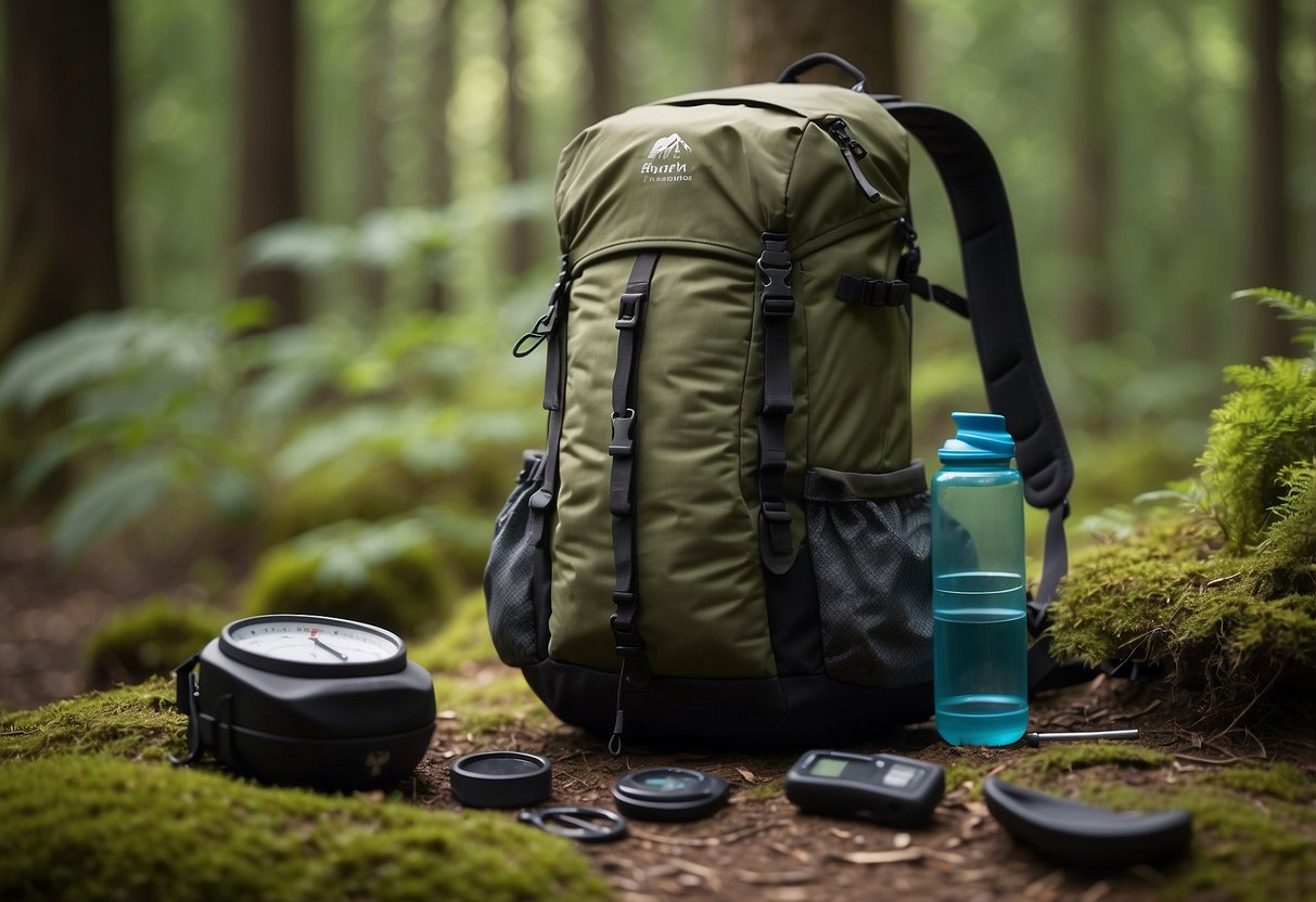 A backpack with lightweight gear, compass, map, and water bottle on a forest trail. A scale nearby measures reduced weight