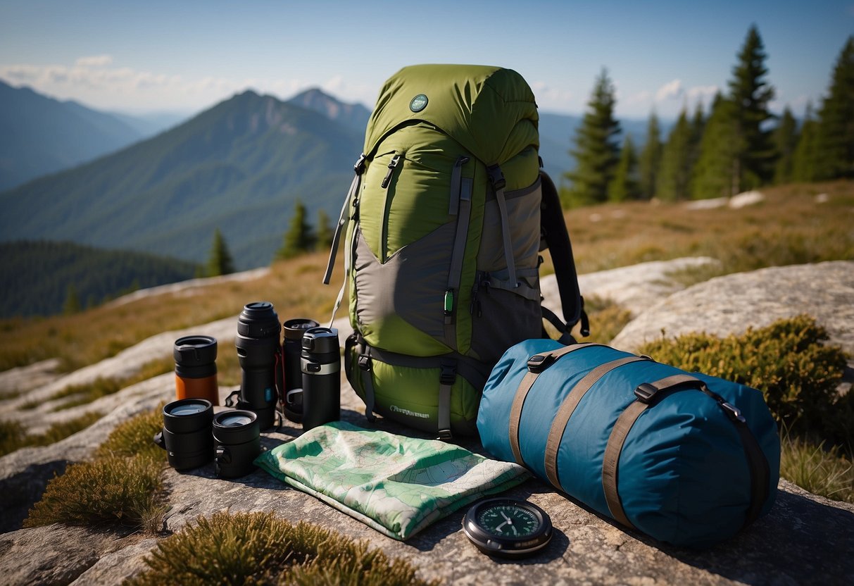 A down sleeping bag lies on a lightweight backpack, surrounded by a compass, map, and hiking gear. The scene is set in a natural outdoor environment, with trees and mountains in the background