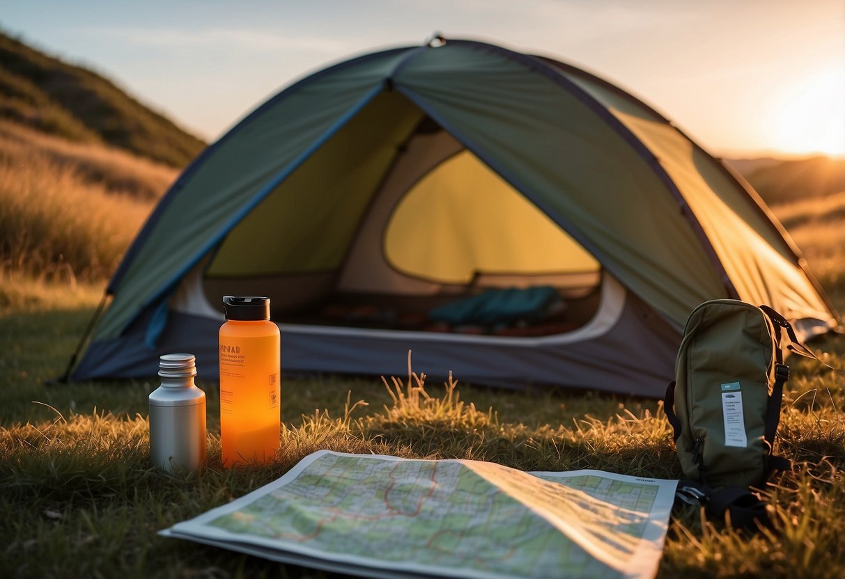 A lightweight tent pitched on a grassy hill, surrounded by orienteering gear. A map, compass, and water bottle lay nearby. The sun sets in the distance, casting a warm glow over the scene