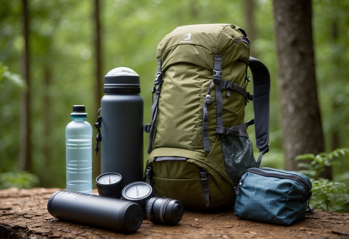 A backpack with a map, compass, water bottle, and lightweight gear. A scale showing reduced weight. Outdoor setting with trees and a trail