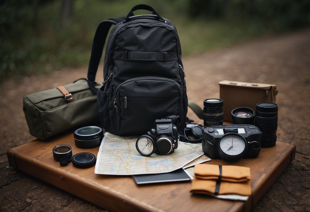 A backpack with minimal clothing items spilling out, surrounded by a map, compass, and lightweight gear