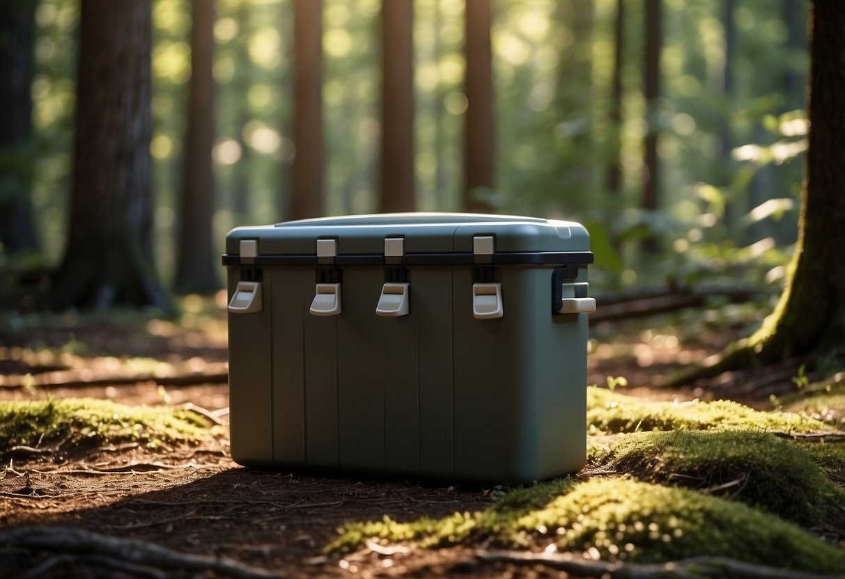 Five coolers arranged in a forest clearing, with a map and compass next to them. Sunlight filters through the trees, casting dappled shadows on the ground