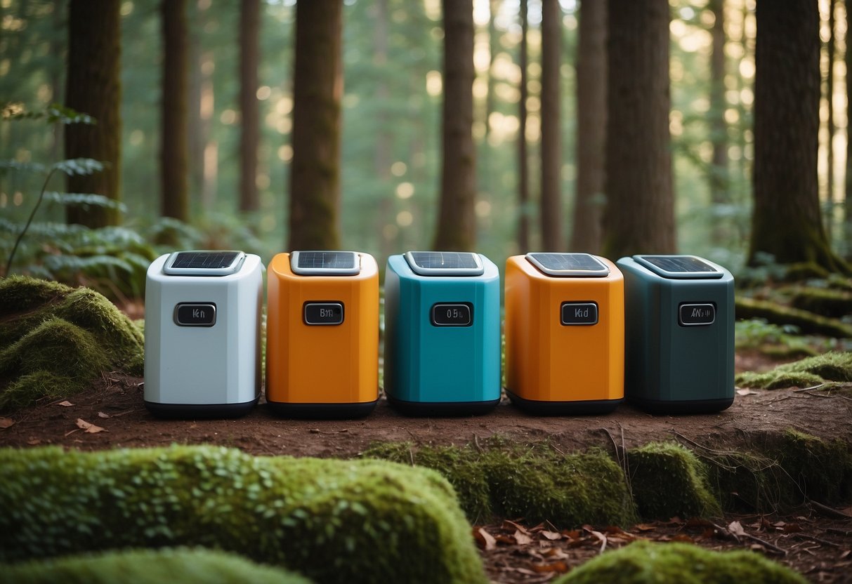 A group of colorful orienteering coolers arranged in a row, with various sizes and features on display. The background could include a forest or outdoor setting to emphasize the outdoor nature of orienteering