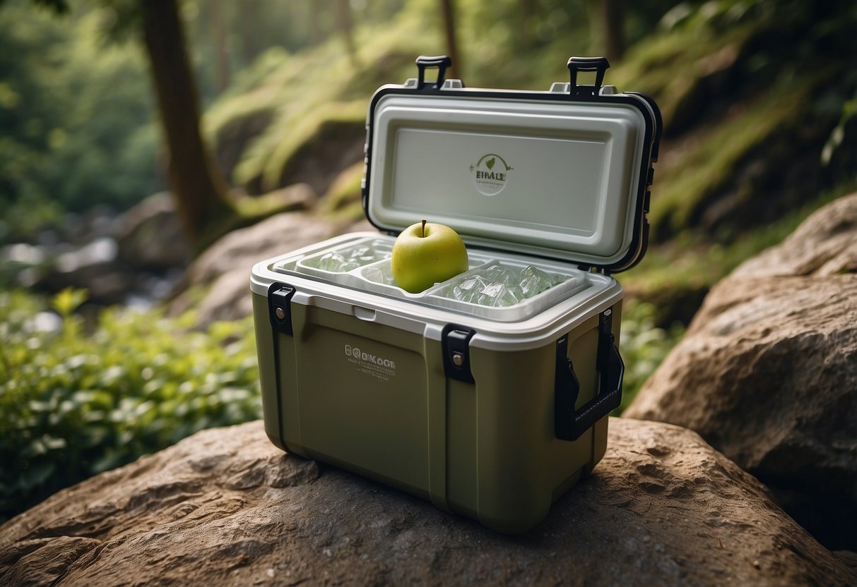 A high-quality orienteering cooler sits on a rocky terrain, surrounded by lush greenery. The cooler is open, revealing its spacious interior and well-insulated walls. A cold beverage and fresh produce are visible inside