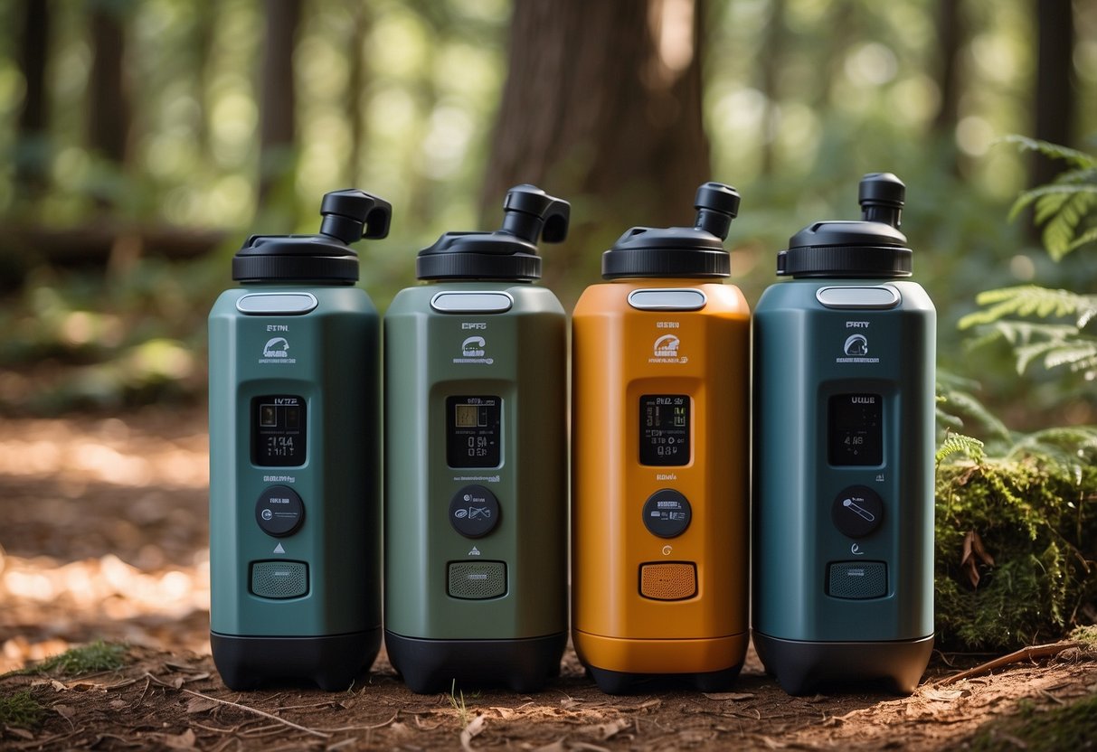 A group of five orienteering coolers arranged neatly with a variety of maintenance tools and supplies scattered around them. The coolers are shown in a natural outdoor setting, with trees and foliage in the background