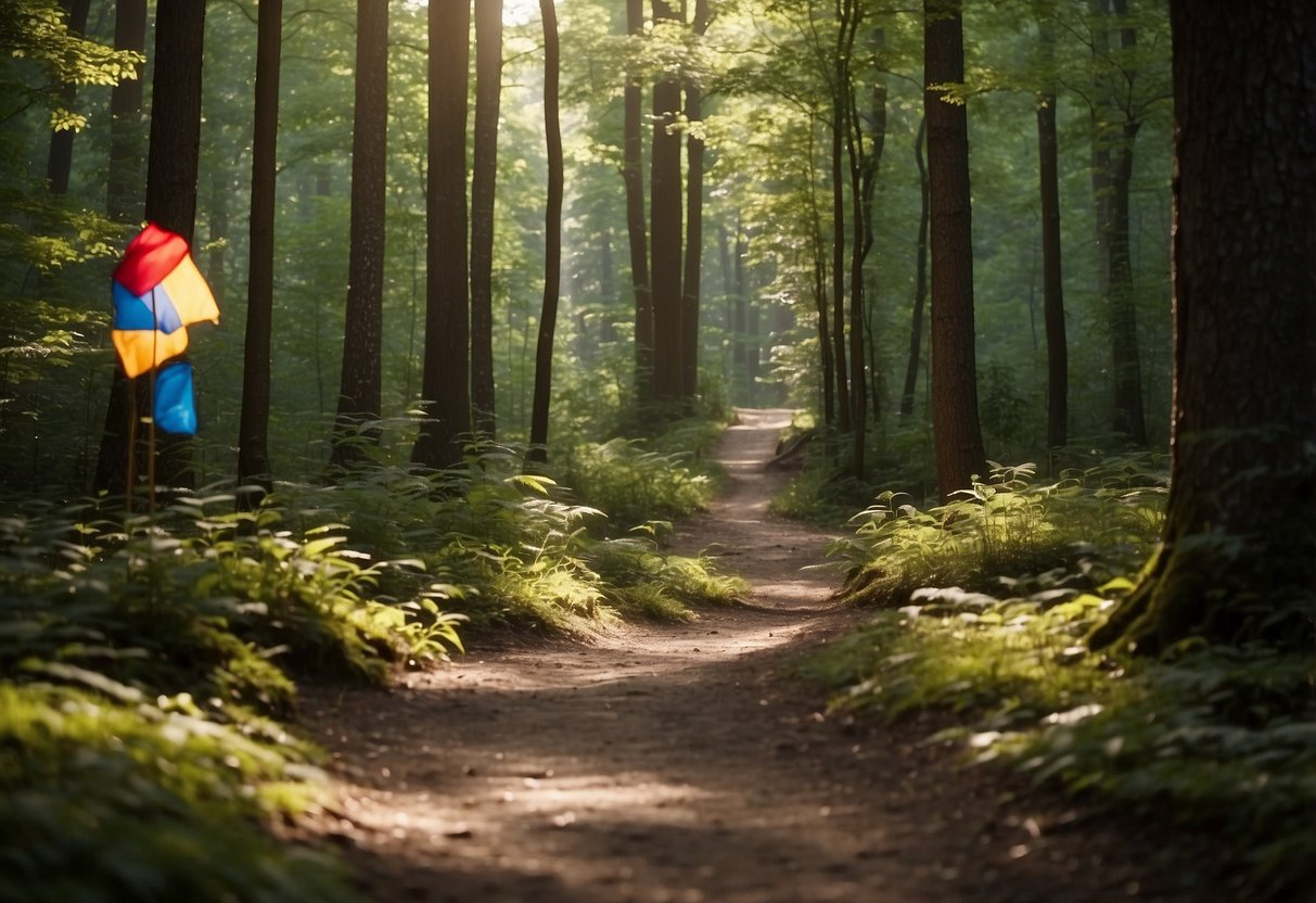 A trail winds through a dense forest, marked with colorful flags. A compass, map, and water bottle lay on the ground. Trees tower overhead, casting dappled sunlight on the path