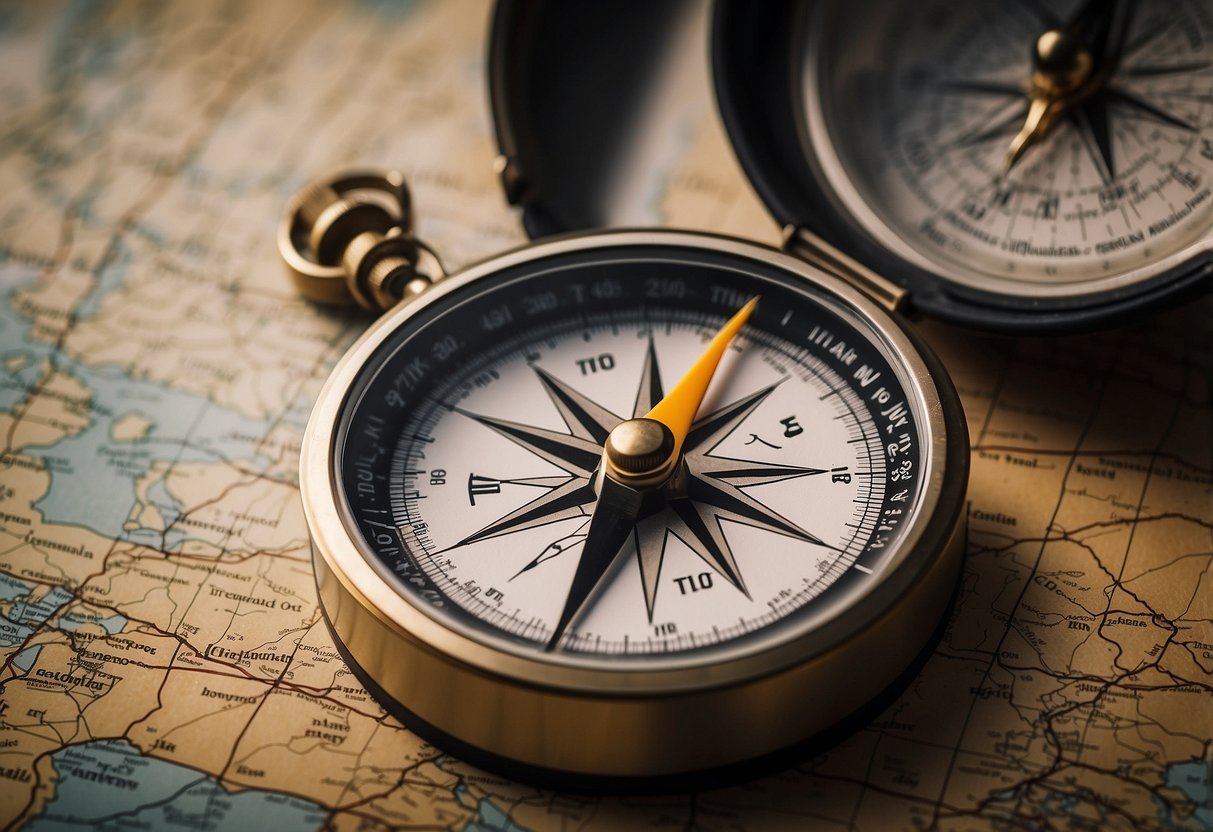 A compass resting on a detailed map, surrounded by hiking gear and a notebook with "10 Tips for Training for an Orienteering Trip" written on it