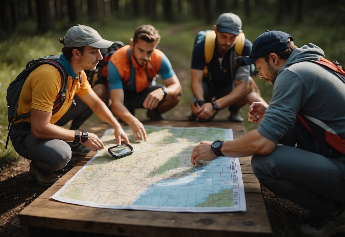 A group of orienteering enthusiasts gather around a map, discussing routes and strategies for an upcoming trip. Their gear and compasses are laid out on a table, ready for training