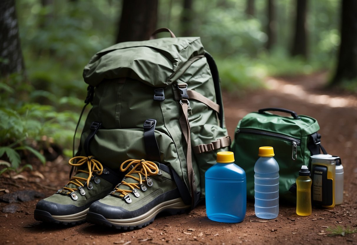 A backpack filled with a compass, map, whistle, first aid kit, and water bottle sits next to a pair of sturdy hiking boots and a lightweight rain jacket on the ground