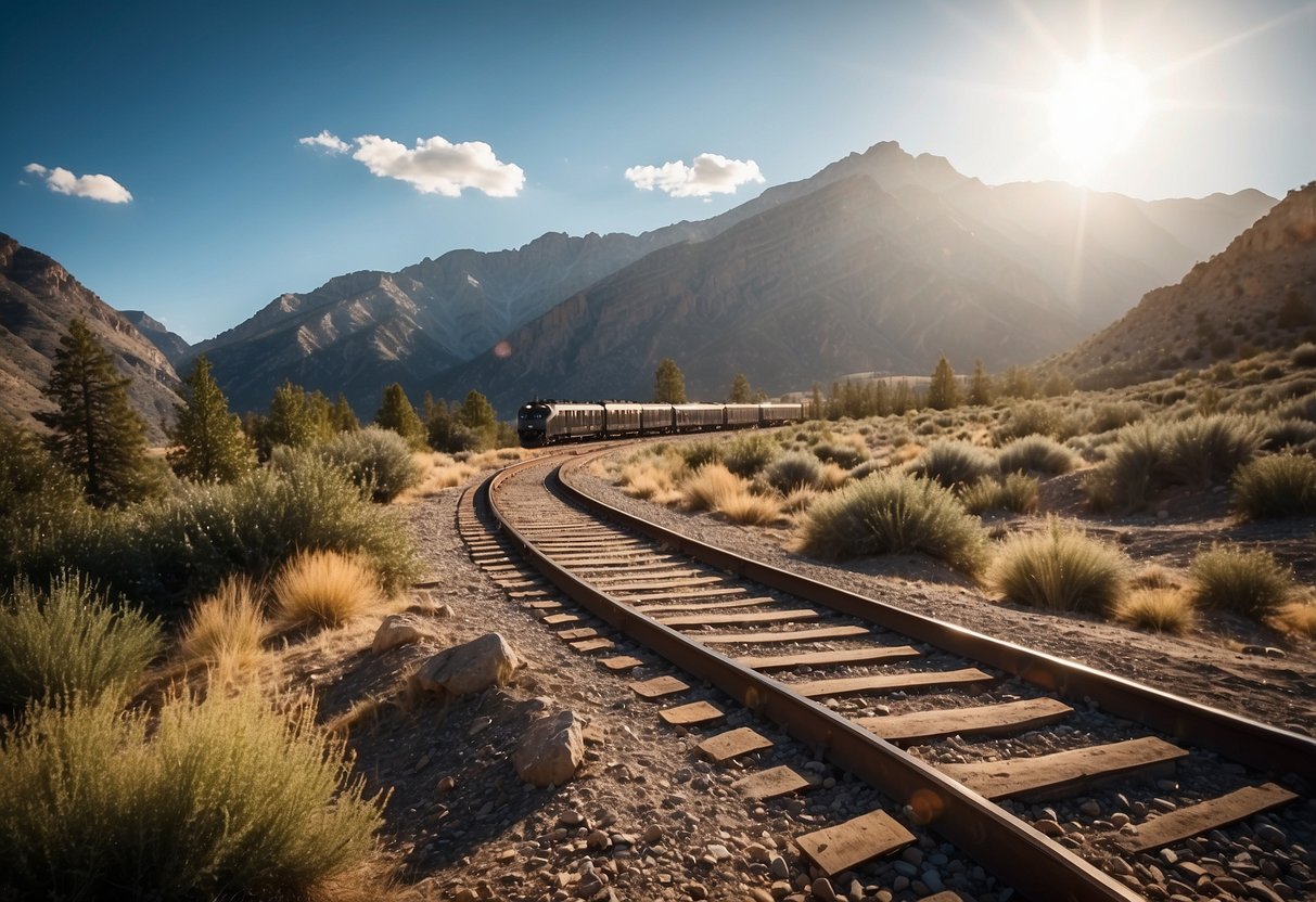 A train travels through various terrains: mountains, forests, deserts. Use map, compass, and GPS for orienteering