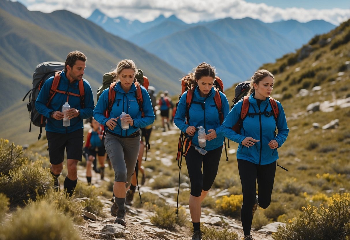 A group of orienteers trekking through high-altitude terrain, some clutching their heads in discomfort. Others are sipping water and taking slow, deliberate steps. The landscape is rugged and mountainous, with sparse vegetation and a clear, blue