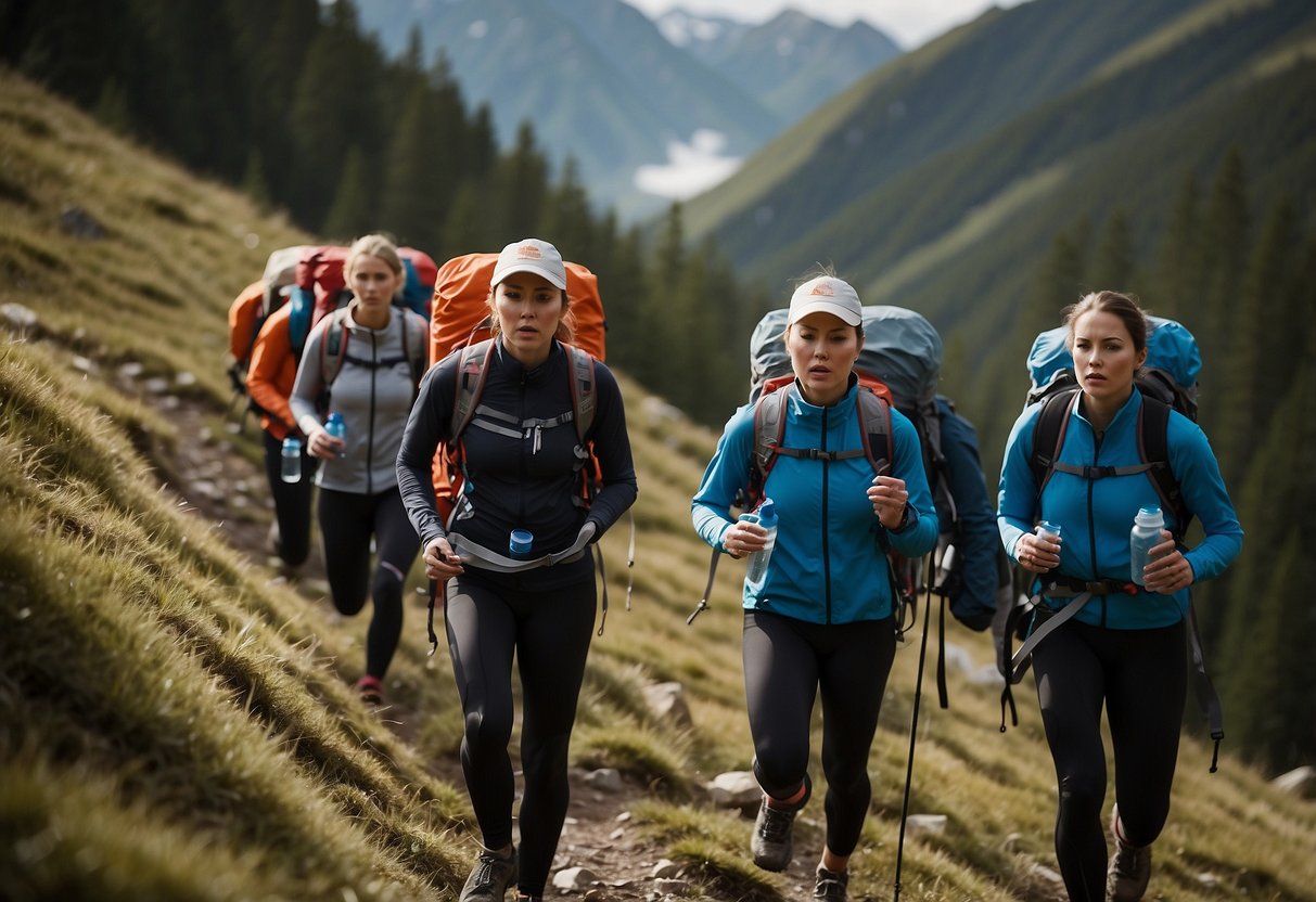 A group of orienteers trek through high-altitude terrain, carrying water bottles and following a map. Some appear fatigued, while others stop to catch their breath